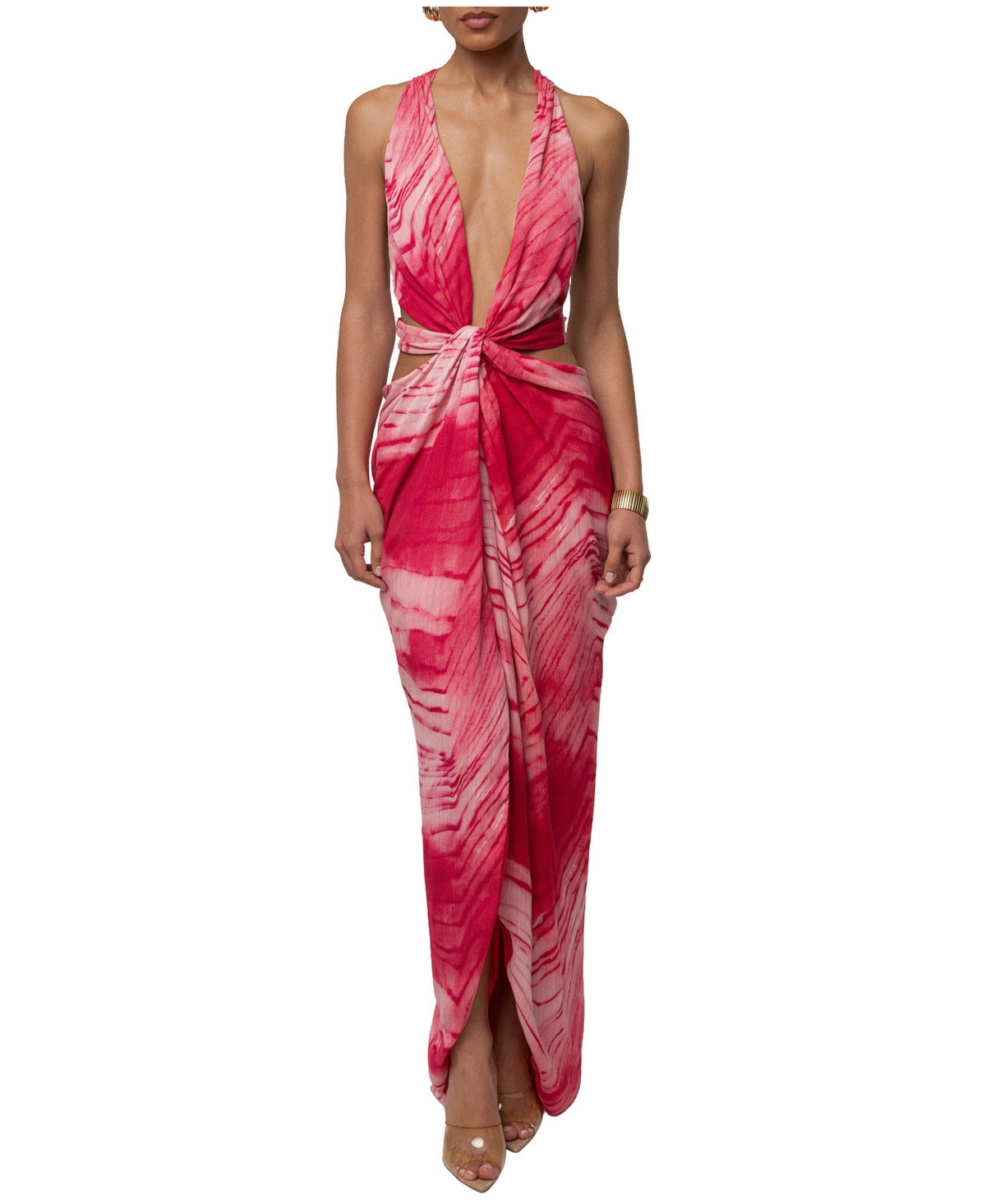 Jluxlabel Women's Coastline Plunging V-Neck Open-Back Marbled-Print Maxi Dress - Cherry