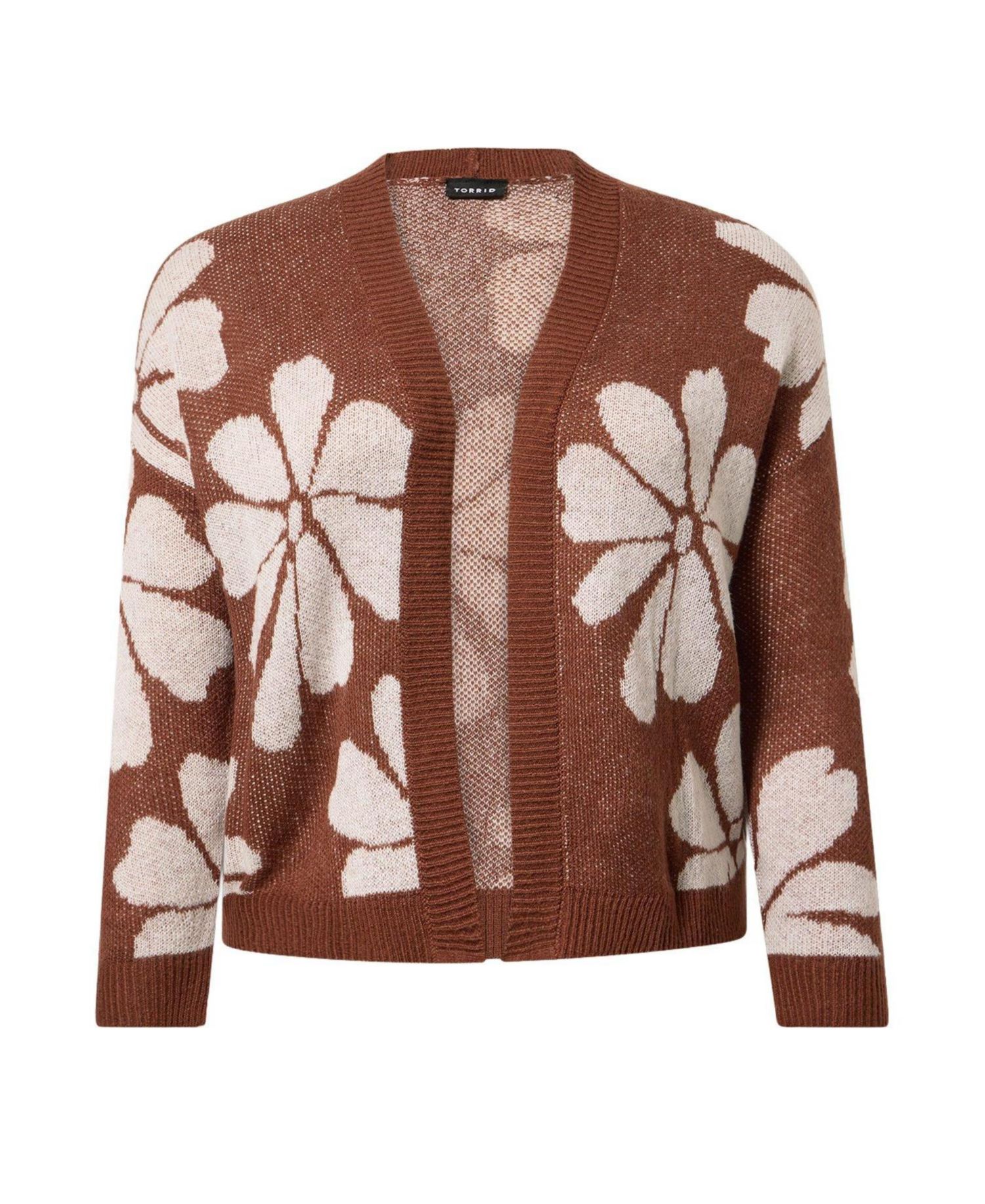 Plus Size Open-Front Floral Long-Sleeve Cardigan