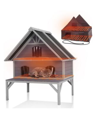 Heated Wooden Cat House Outdoor Cat Shelter with Waterproof Roof