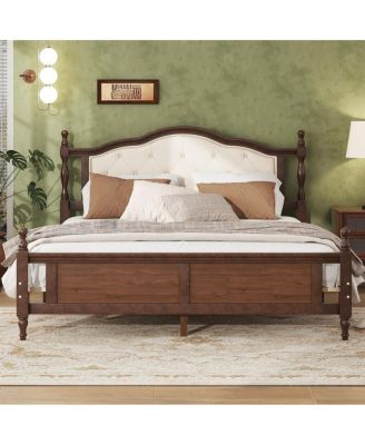 Queen Size Pine Wooden Bed, Upholstered Headboard with Hidden Storage, Sturdy Support Frame, Vintage Bedroom Furniture for Home Guest Room