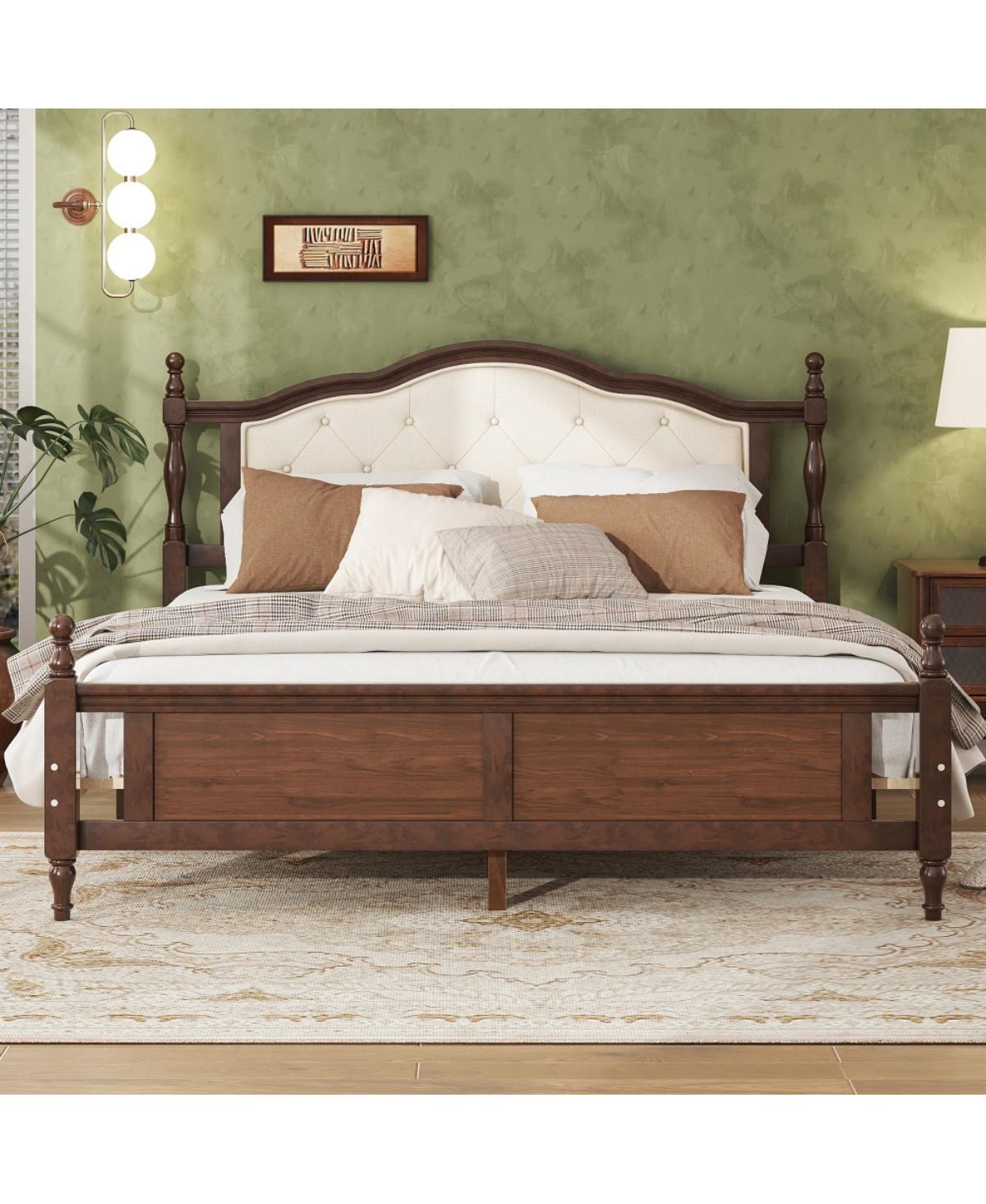 Rainsken Queen Size Pine Wooden Bed, Upholstered Headboard with Hidden Storage, Sturdy Support Frame, Vintage Bedroom Furniture for Home Guest Room