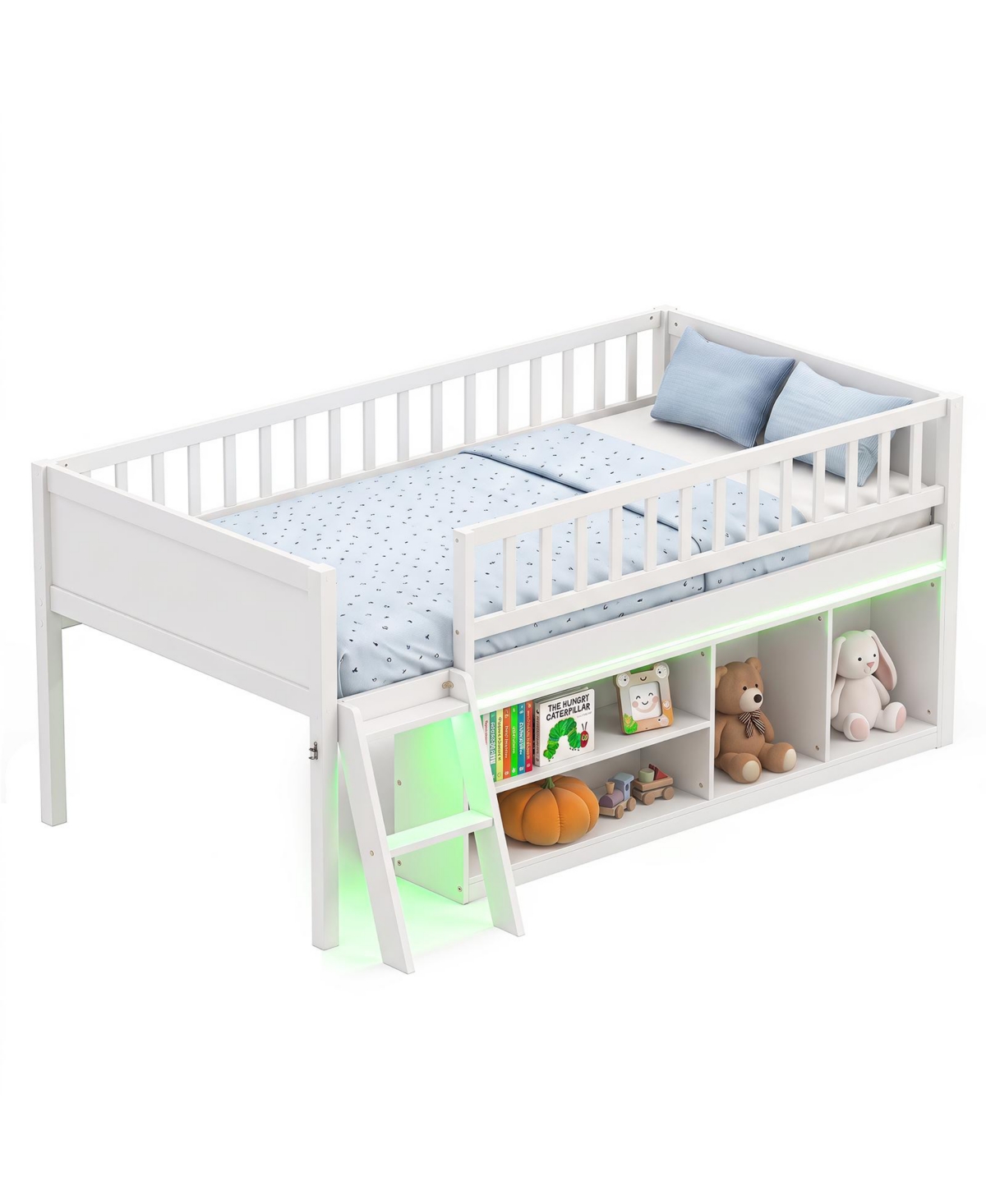 Gymax Twin Size Loft Bed with Adjustable Led Lights Bookshelves Safety Guardrails - White
