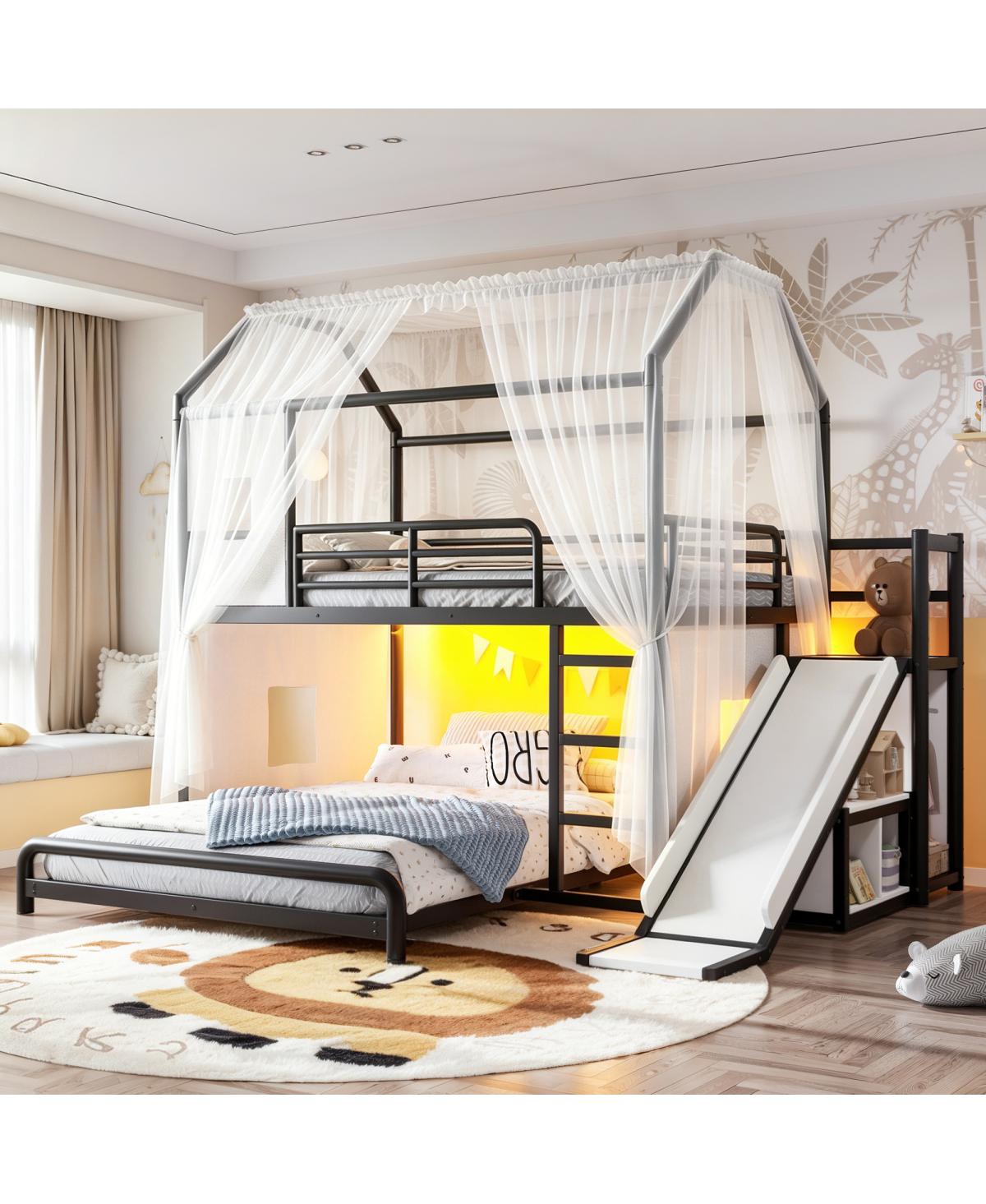 Streamdale Furniture Metal Full over Full Playhouse Bunk Bed with Slide Led and Storage