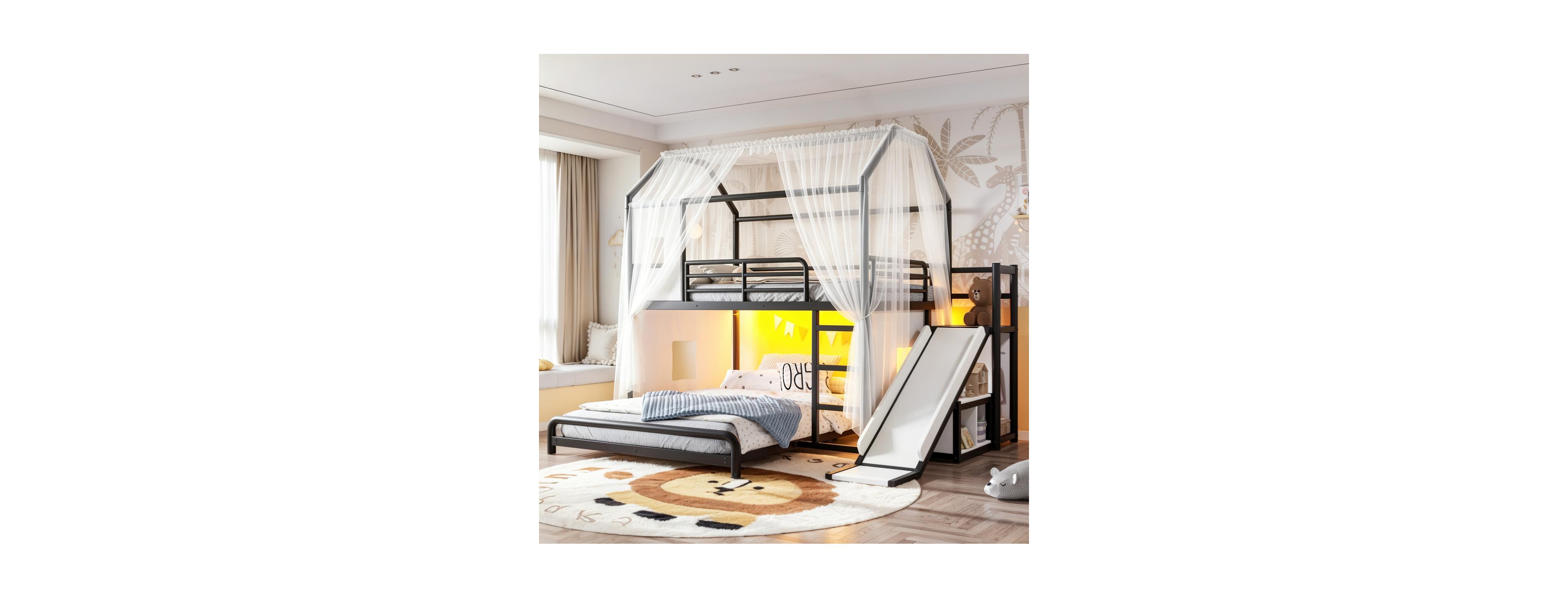 Streamdale Furniture Metal Full over Full Playhouse Bunk Bed with Slide Led and Storage