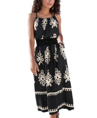 Women's Viscose Printed Ornamental with A-Line Elastic-Waist Midi Dress