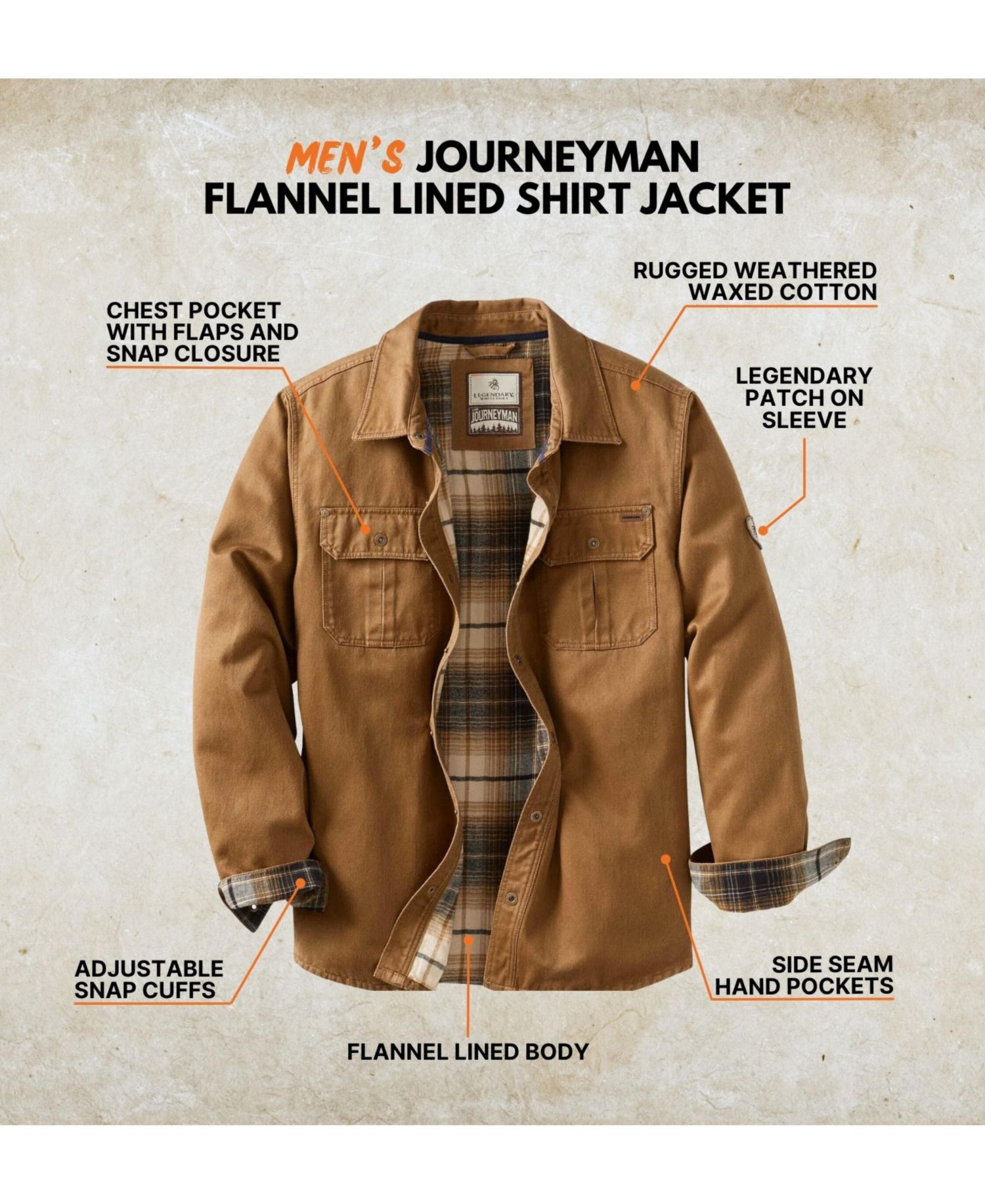 Men's Flannel Lined Water Resistant Snap Up Shirt Jacket