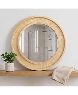 24" Farmhouse Round Rattan Wall Mirror with Solid Wood Frame Double-Ring Decorative Accent Mirror