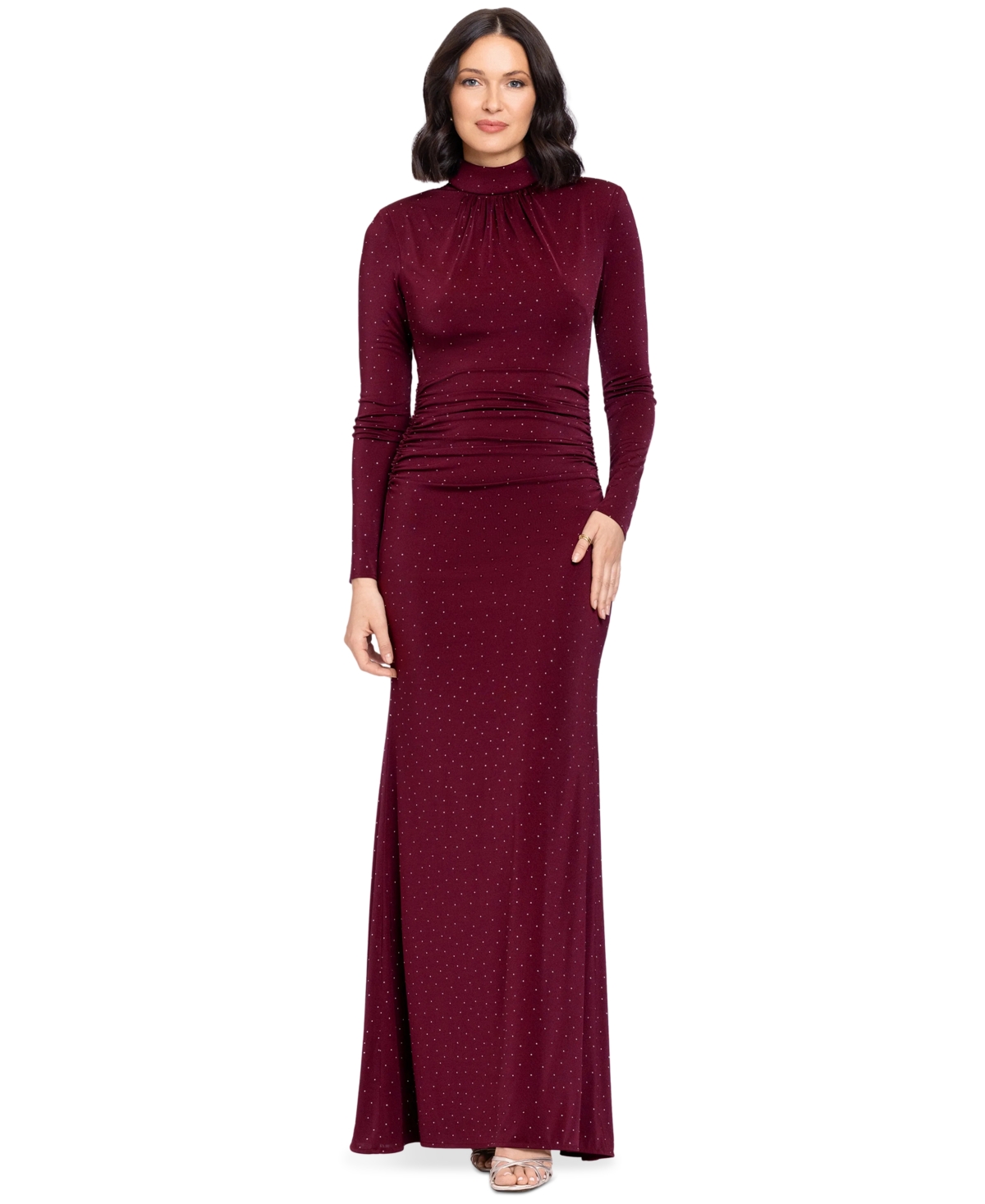 Betsy & Adam Women's Hinck Stud Jersey Long Sleeve Mock Neck Gown - Wine Silver