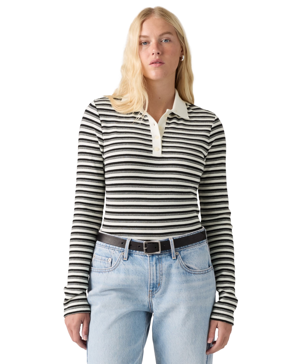 Levi's Women's Rory Slim-Fit Ribbed-Knit Long-Sleeve Polo Shirt - Gigi Stripe Anthracite Night