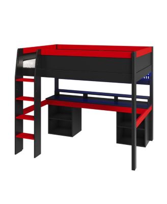 Full Size Loft Bed with LED Lights, Gaming Desk and Pegboard