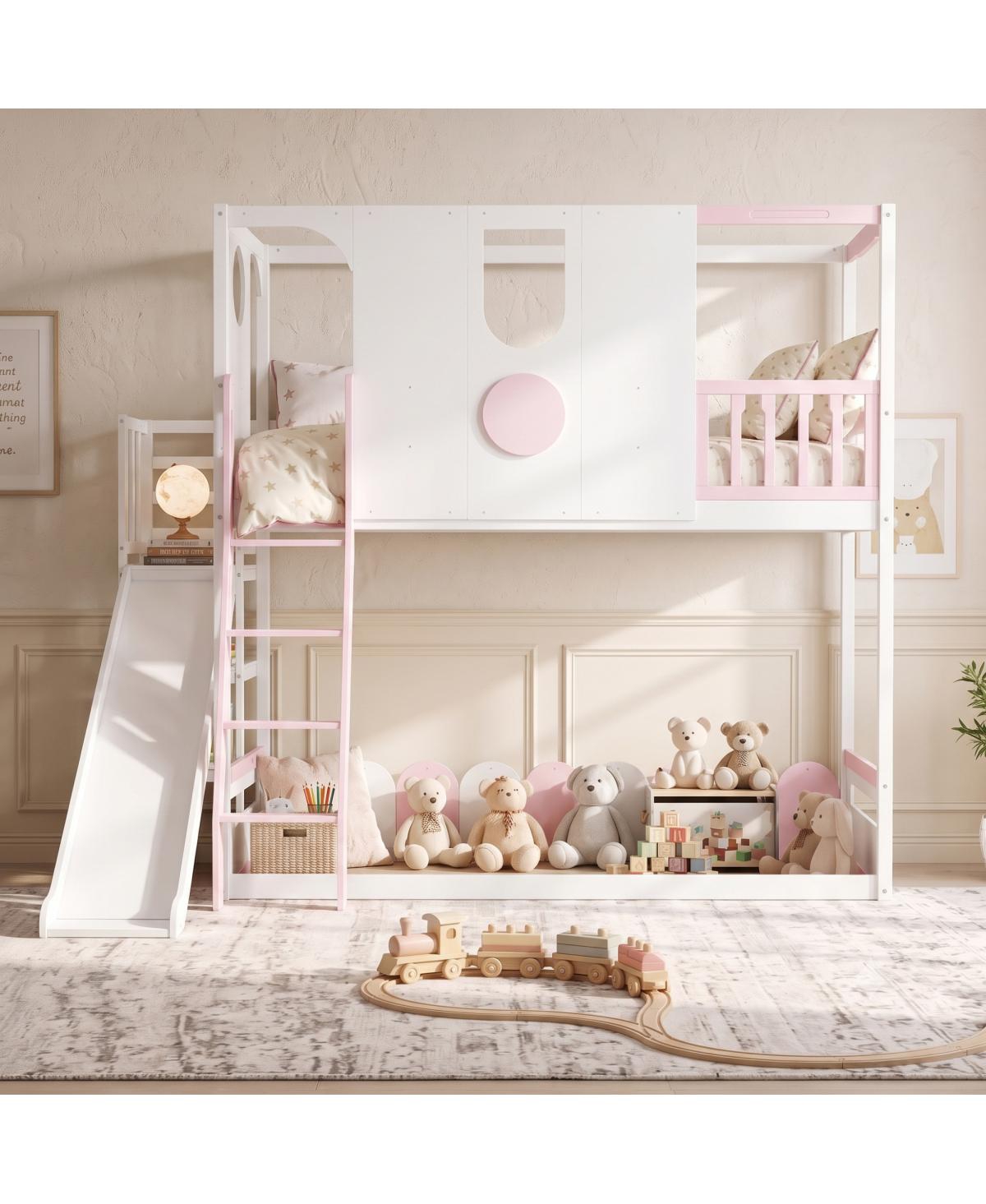 Streamdale Furniture Twin Kids Loft Bed with Slide, Shelves, and Storage - White+pink