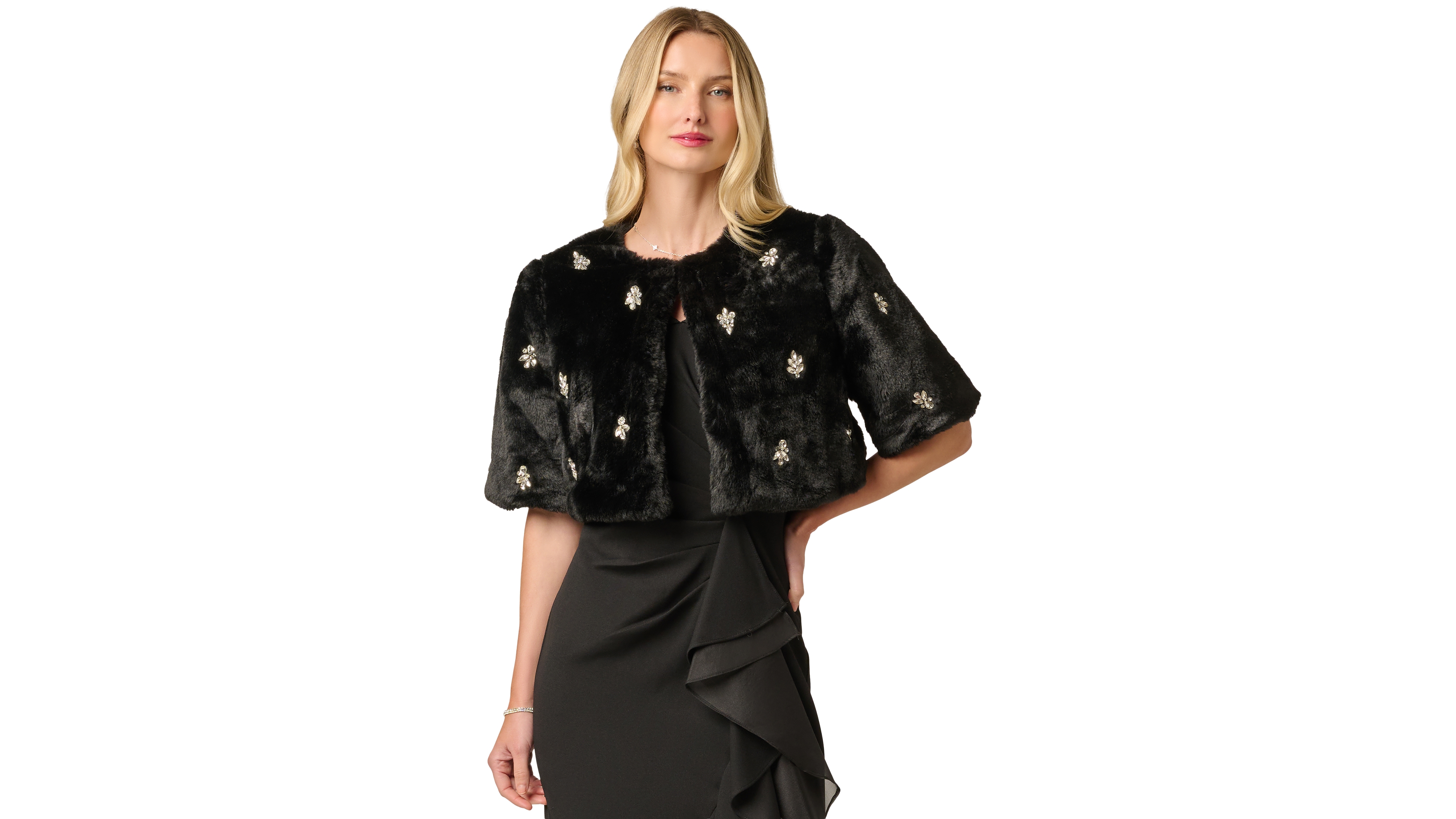 Adrianna Papell Women's Crystal-Embellished Cropped Faux Fur Capelet