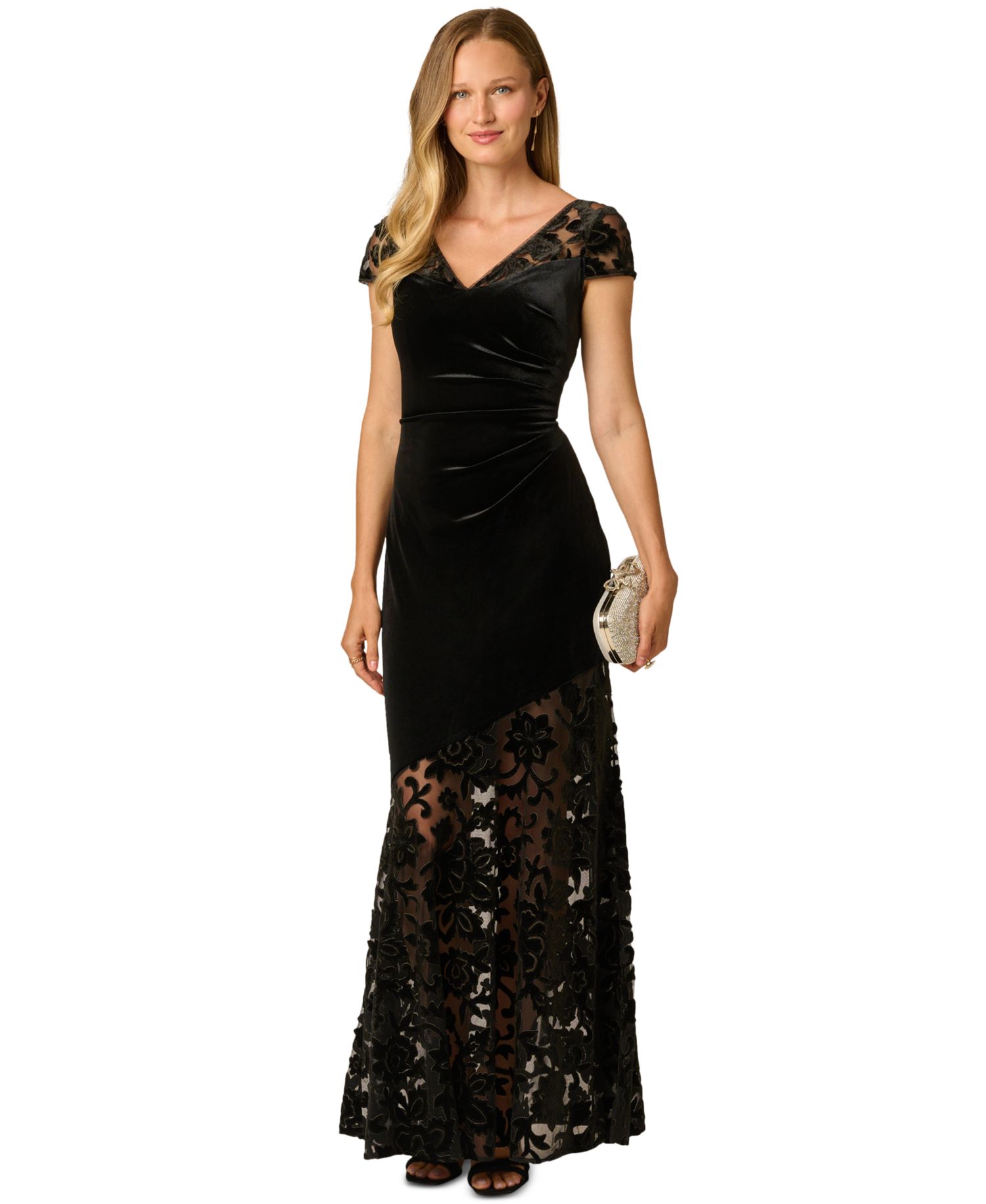 Women's V-Neck Velvet Floral-Print Gown