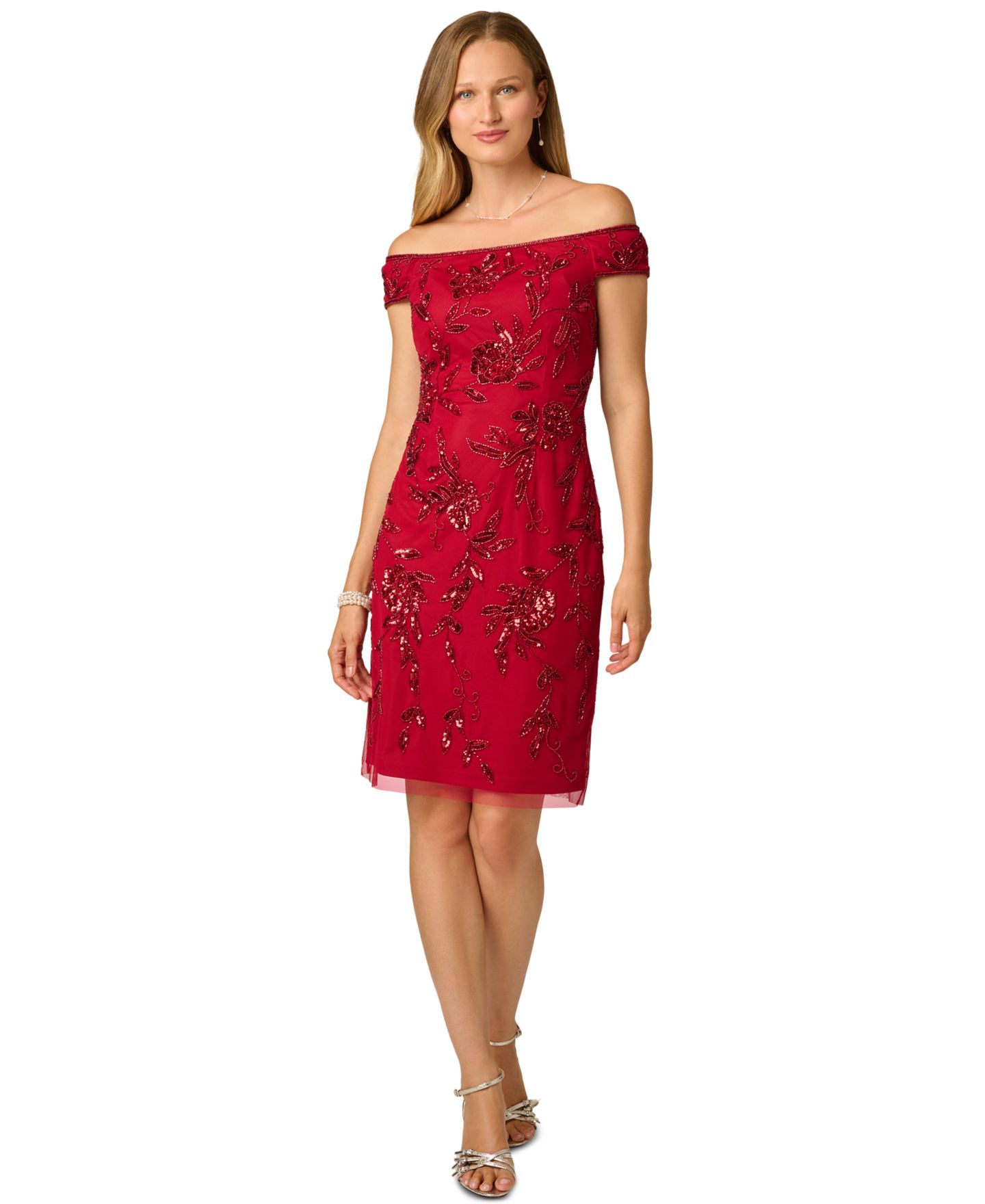 Женское платье Adrianna Papell Off-the-Shoulder Beaded Short-Sleeve Dress, цвет: Клюквенный — фото 2