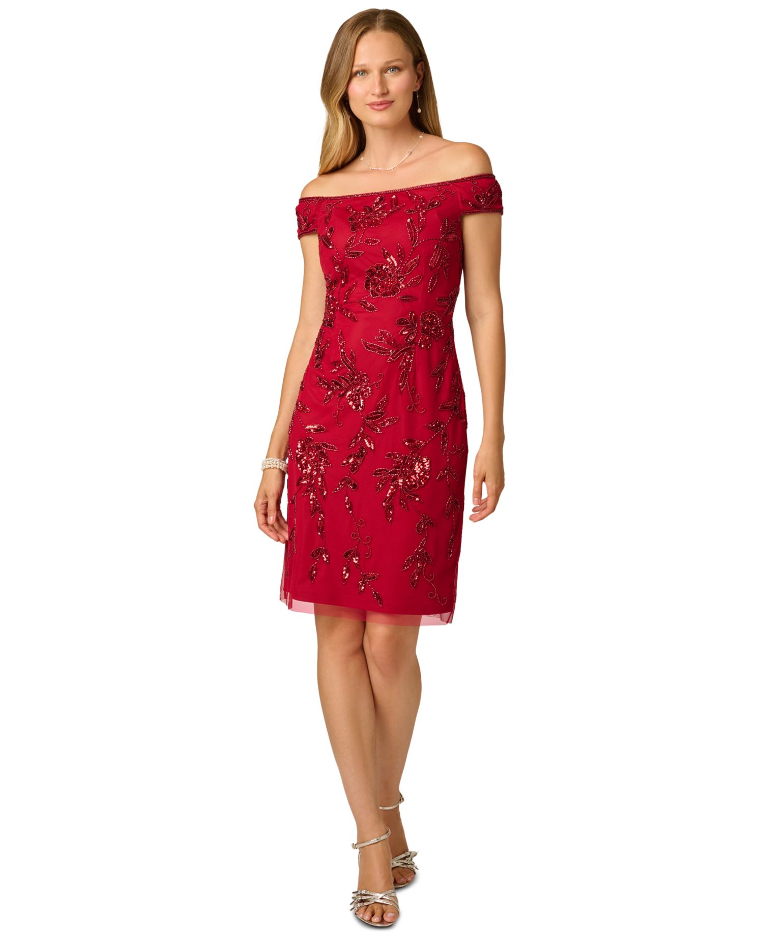 Women's Off-the-Shoulder Beaded Short-Sleeve Dress