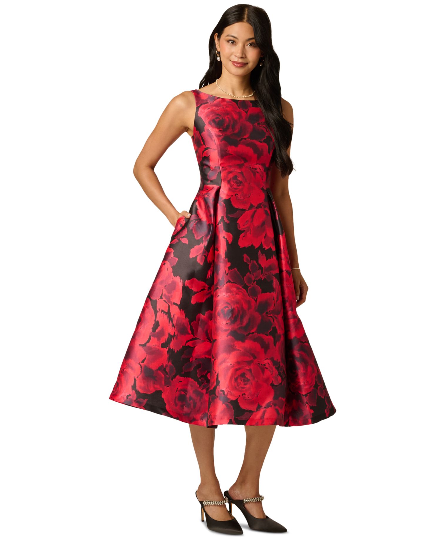 Women's Ikat Rose Floral-Print Boat Neck A-Line Dress