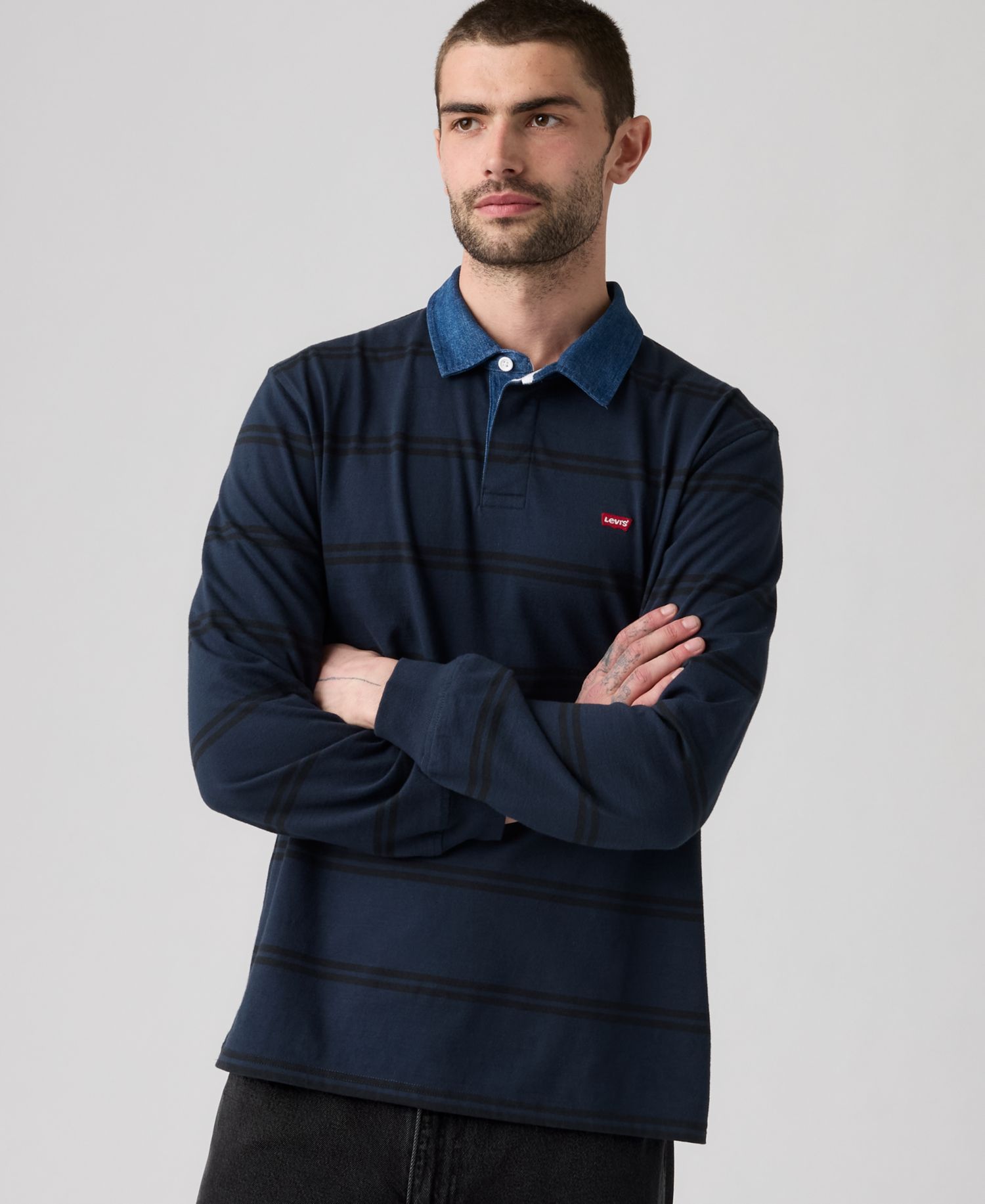 Men's Relaxed-Fit Long Sleeve Striped Rugby Shirt