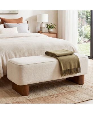 Modern Upholstered Ottoman Bench, Fabric and Rubberwood Legs