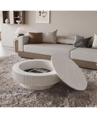 31.5" Modern Round Wood Veneer Coffee Table with Storage