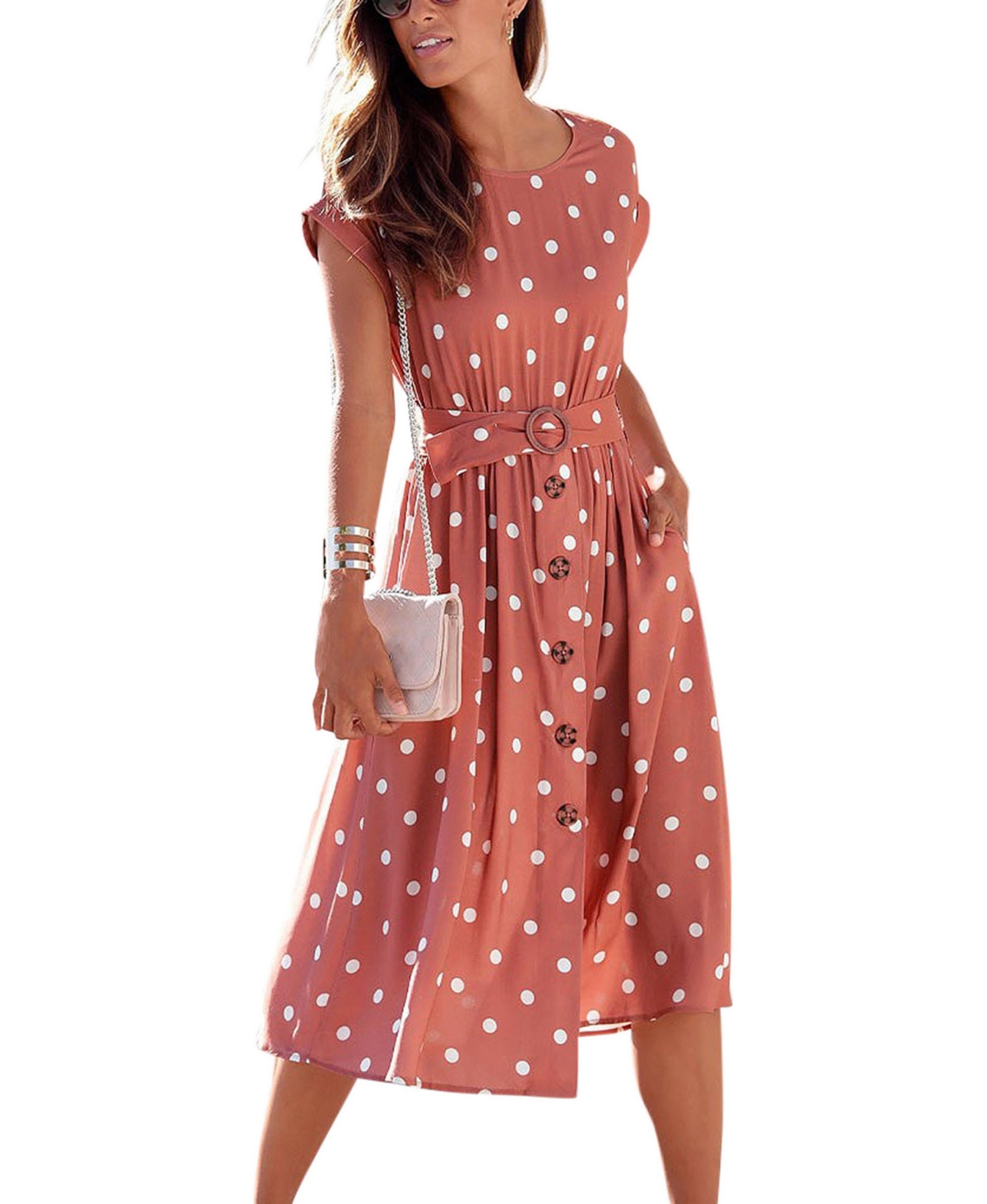 Lascana Women's Polka-Dot Short-Sleeve Belted Midi Dress