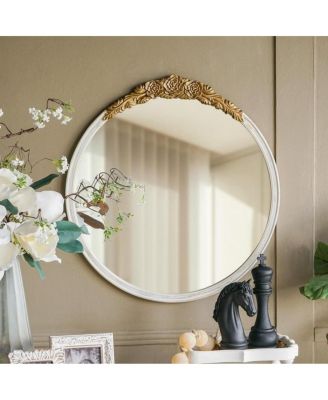 30" x 31" Vintage Round Wall Mirror with Distressed Frame and Floral Crest