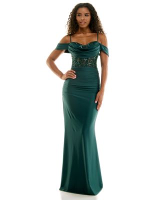 Juniors' Off-the-Shoulder Beaded Lace-up Back Gown