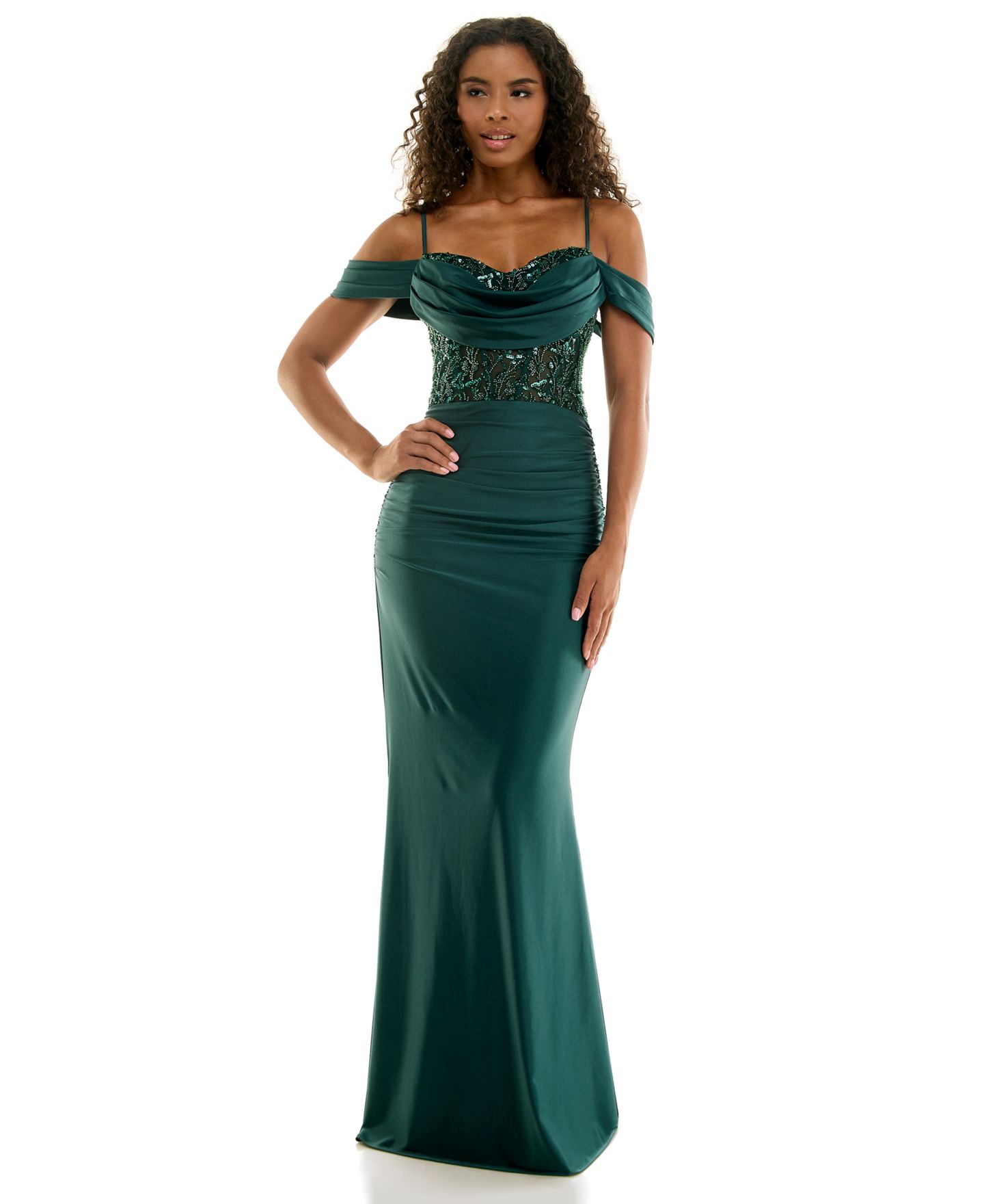 Женское платье City Studios Juniors' Off-the-Shoulder Beaded Lace-up Back Gown, цвет: Глубокий тёмно-зелёный — фото 1