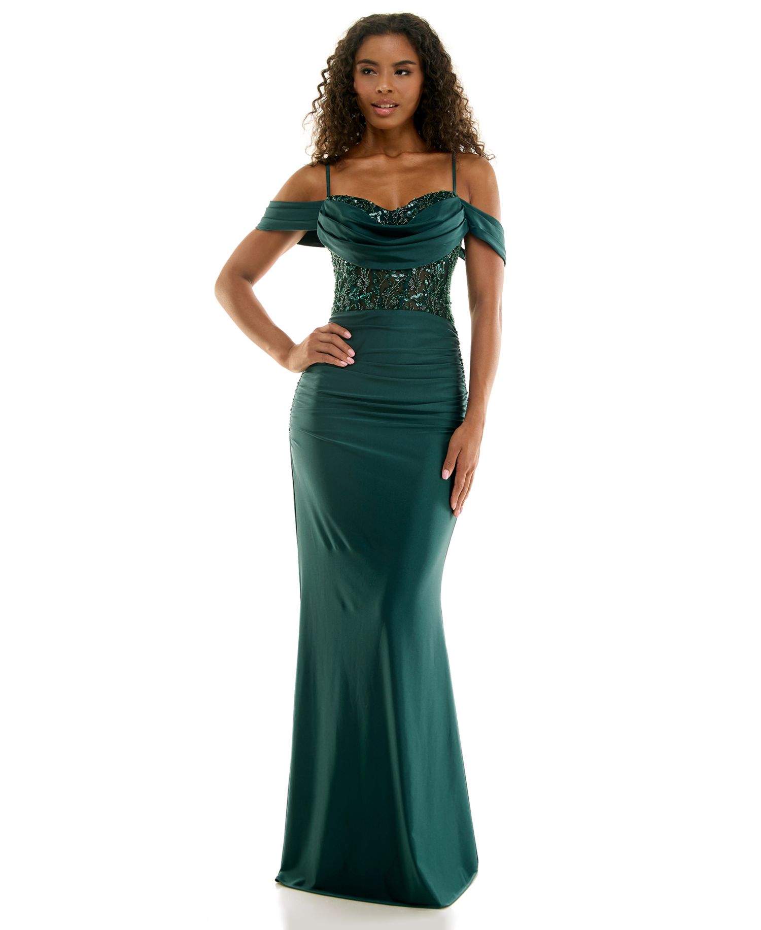 Juniors' Off-the-Shoulder Beaded Lace-up Back Gown
