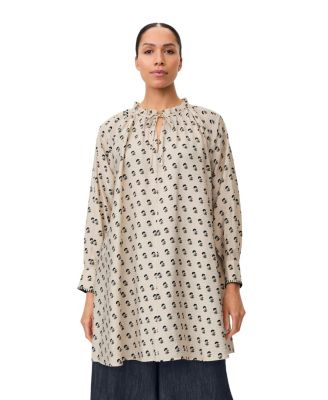 Women's Gathered Tie-Neck Tunic Floral-Print Long-Sleeve Mini Dress