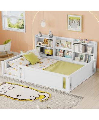 Full Size Wooden Platform Floor Bed with Side Shelves
