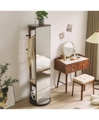Solid Rubberwood Rotating Full-Length Mirror Jewelry Armoire with Hooks and Shelves