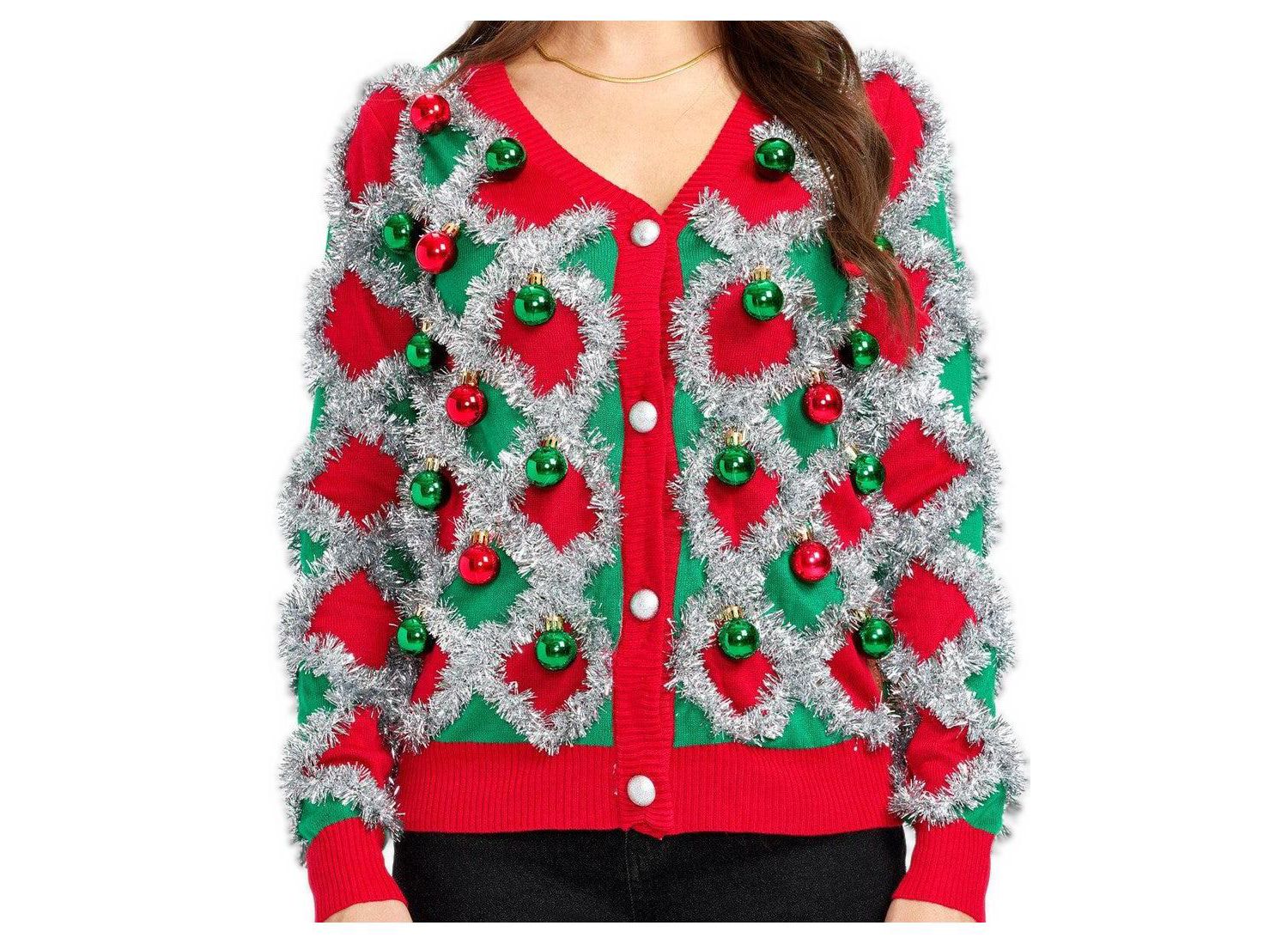 Women's Tacky Tinsel Holiday V-Neck Button-Front Cardigan