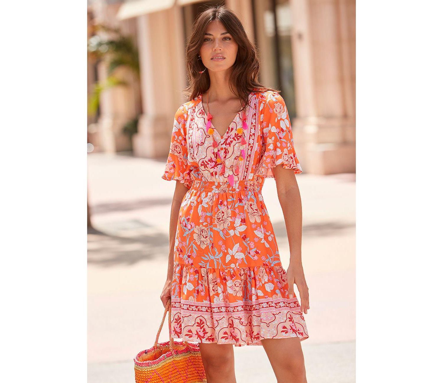Women's Floral-Print Tiered A-Line Short-Sleeve Dress