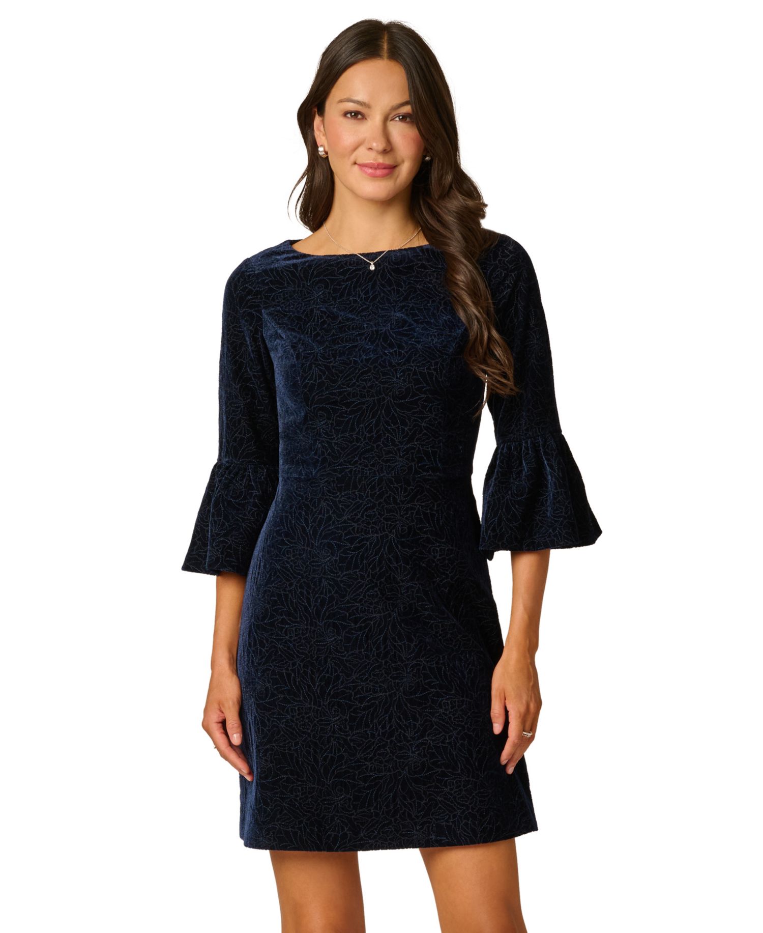 Women's Floral-Print Bell-Sleeve Velvet Dress