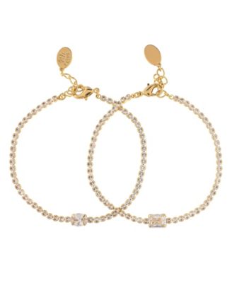 Cubic Zirconia Oval and Emerald Tennis-Adjustable Bracelet, 2-Piece Set