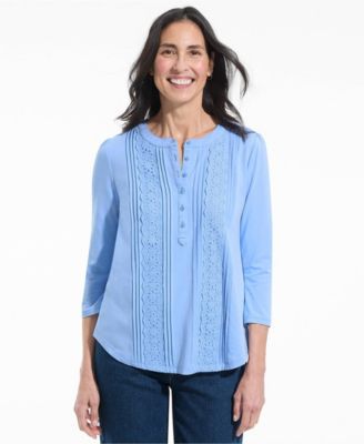 Women's Mandarin Collar Pintuck Lace Trim 3/4-Sleeve Top