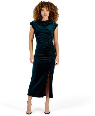 Petite Side Ruche Velvet Cowl Neck Midi Dress