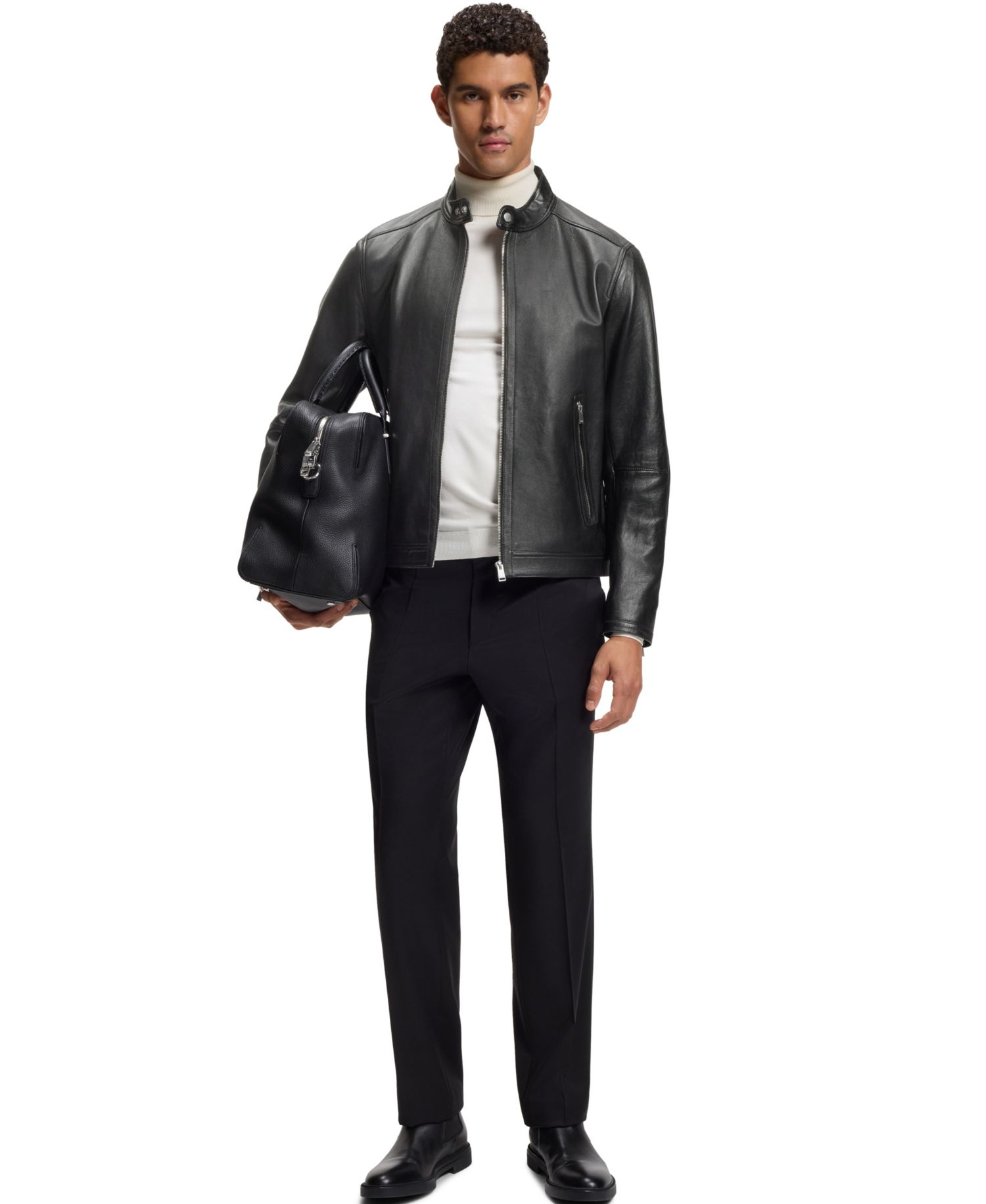 BOSS by Men's Grained-Leather Regular-Fit Motorcycle Jacket