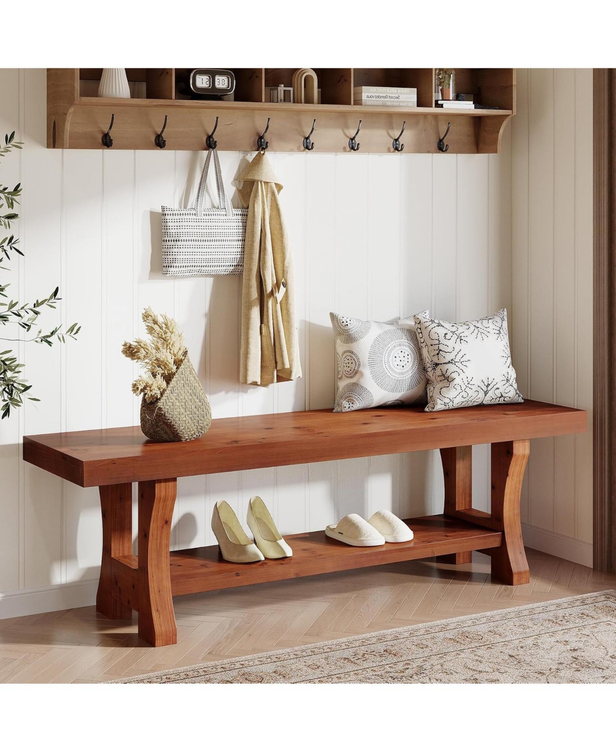 Tribesigns 55'' Solid Wood Entryway Bench for Bedroom, Hallway - Red brown