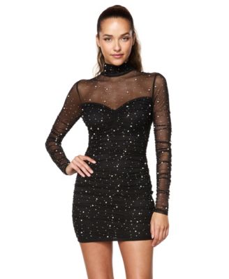 Juniors' Mock Neck Long-Sleeve Imitation Pearl and Stone Embellishments Mini Dress