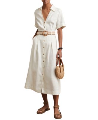Women's Anita Belted V-Neck Short-Sleeve Linen Midi Dress