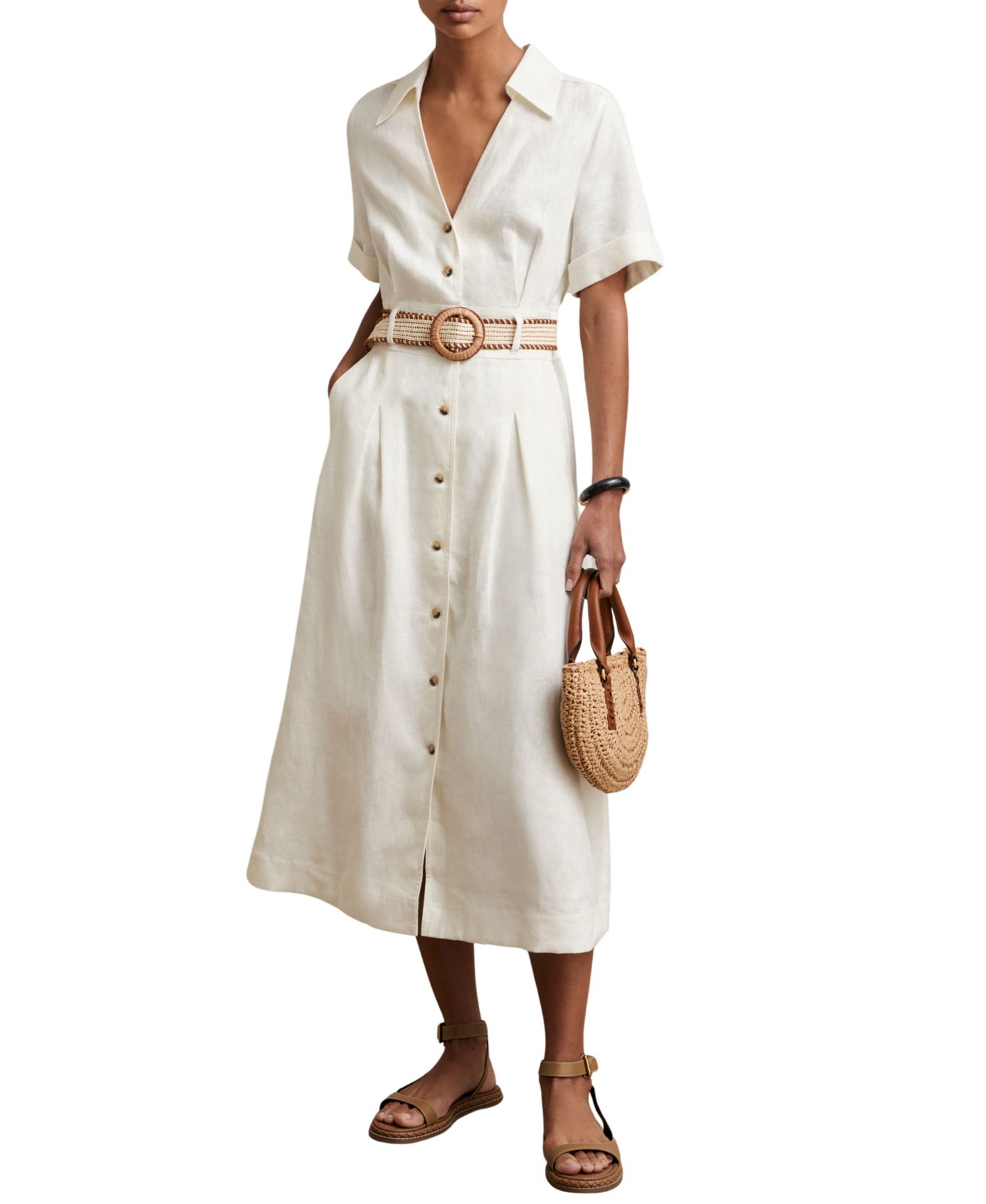 Women's Anita Belted V-Neck Short-Sleeve Linen Midi Dress