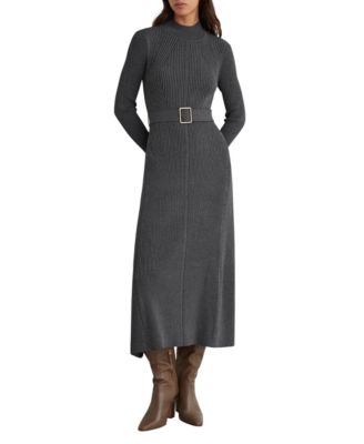 Women's Mock-Neck Rib-Knit Long-Sleeve Midi Sweater Dress