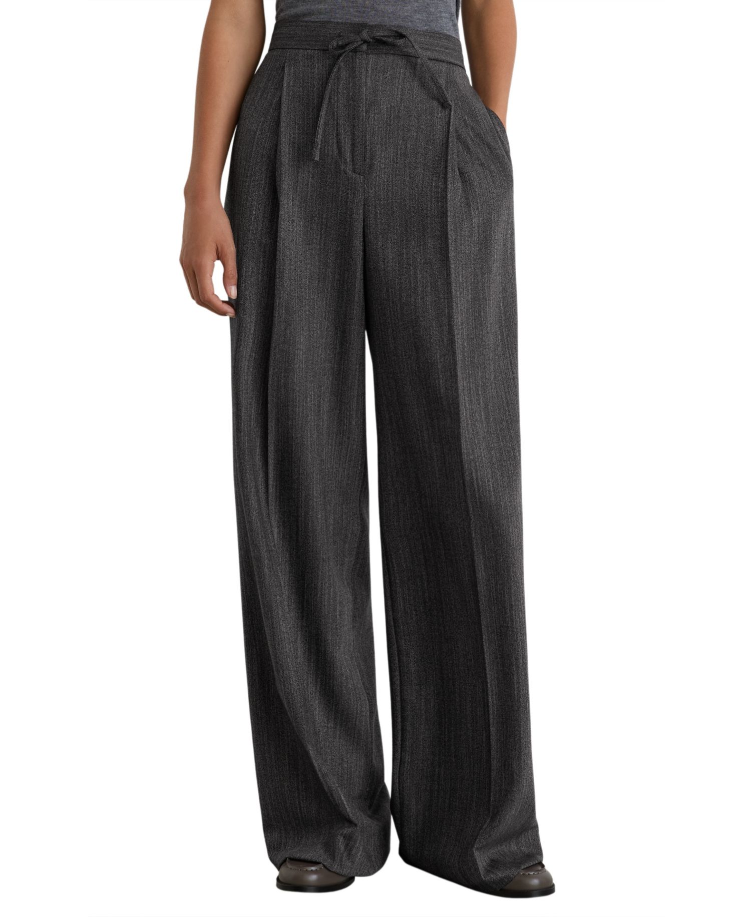 Petite Derby Wide-Leg Pleated Herringbone Pants