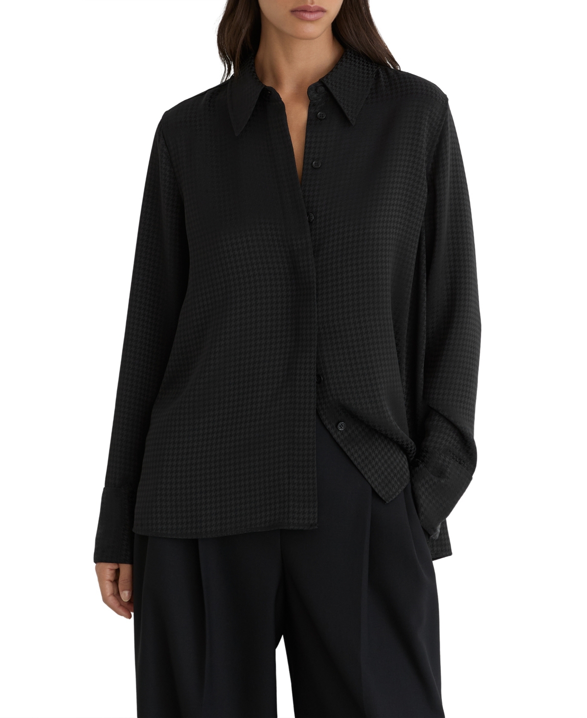 Reiss Women's Houndstooth Long-sleeve Button-up Shirt In Black