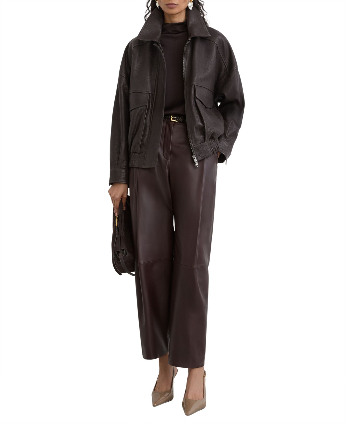 Женская куртка REISS Petite Maeve Leather Bomber Zip-Up, цвет: Коричневый — фото 2