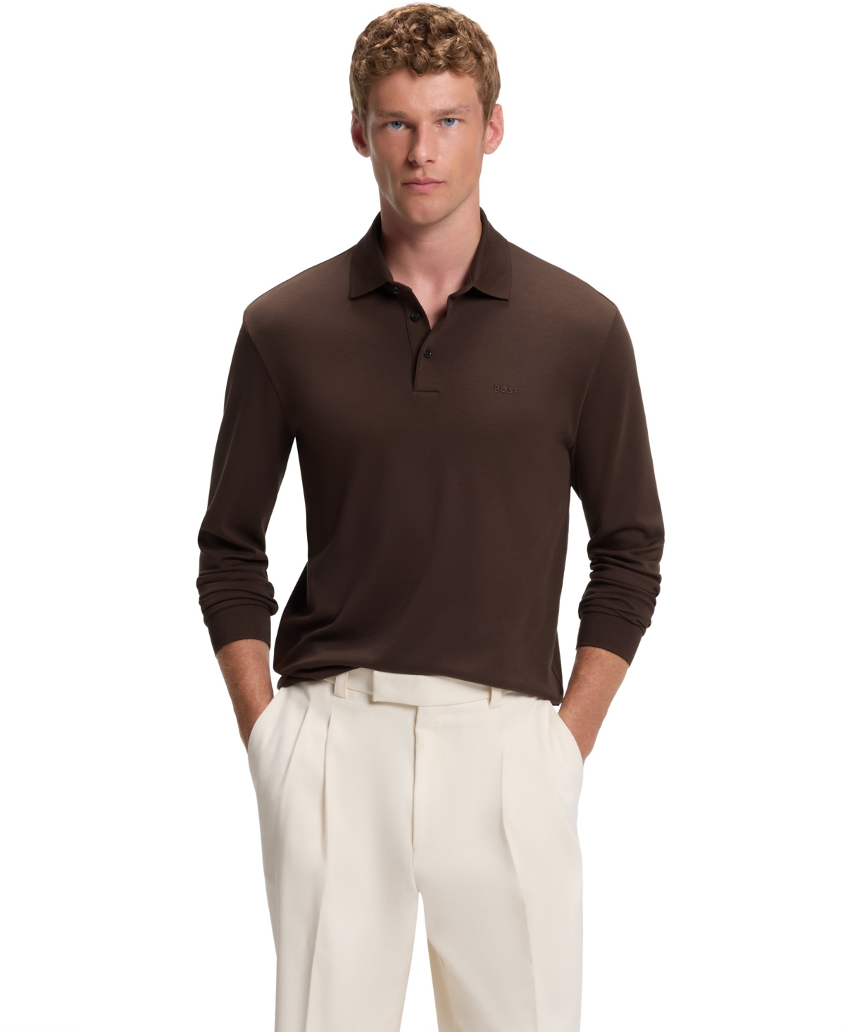 Boss by Hugo Boss Men's Long-Sleeve Interlock Cotton Polo Shirt - Dark Brown
