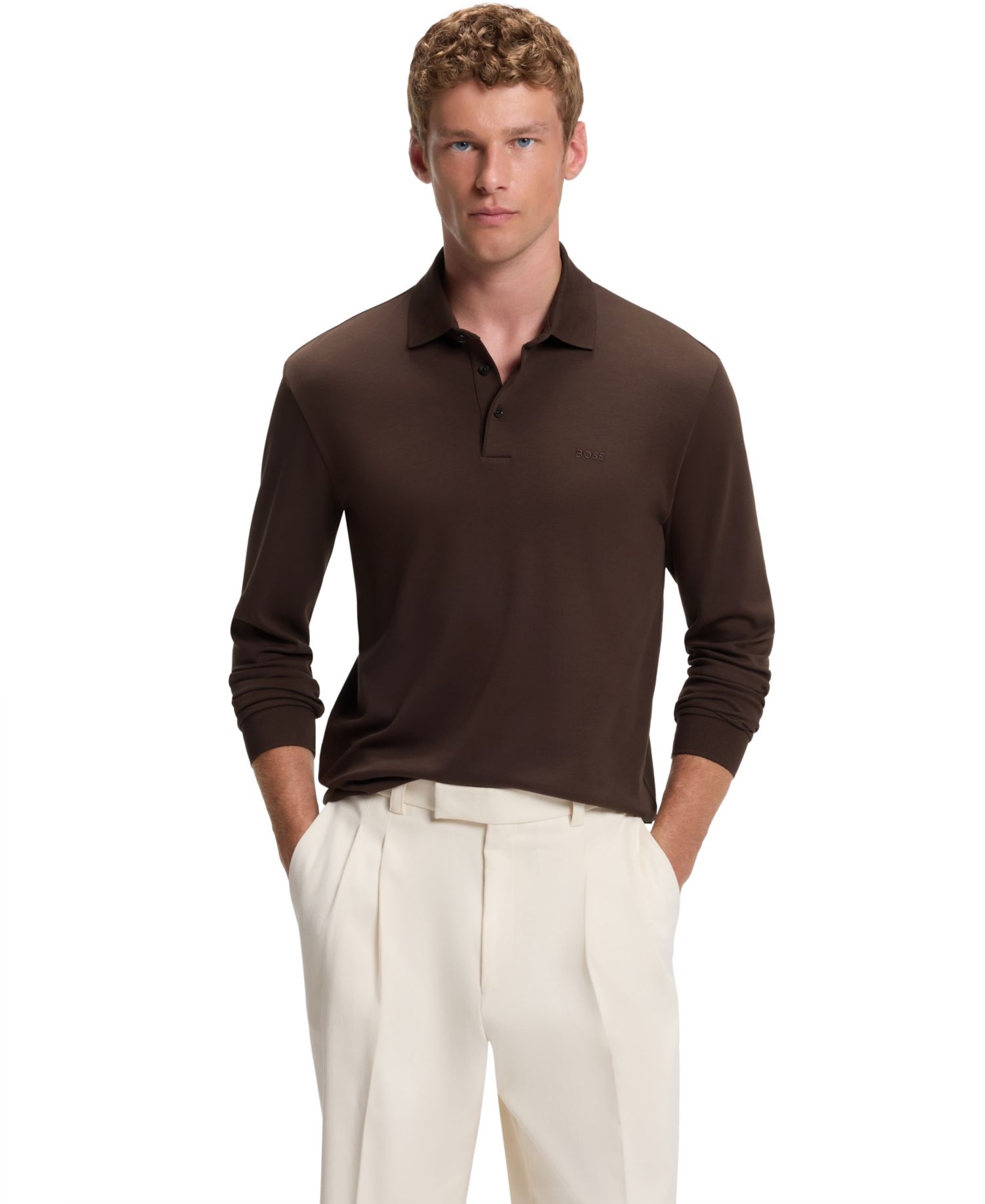 Men's Long-Sleeve Interlock Cotton Polo Shirt