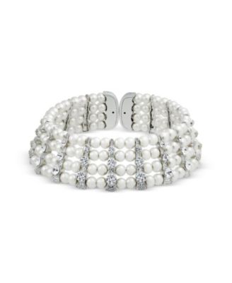 Bridal Crystal Bar Choker Statement Necklace Earring White Faux Pearl