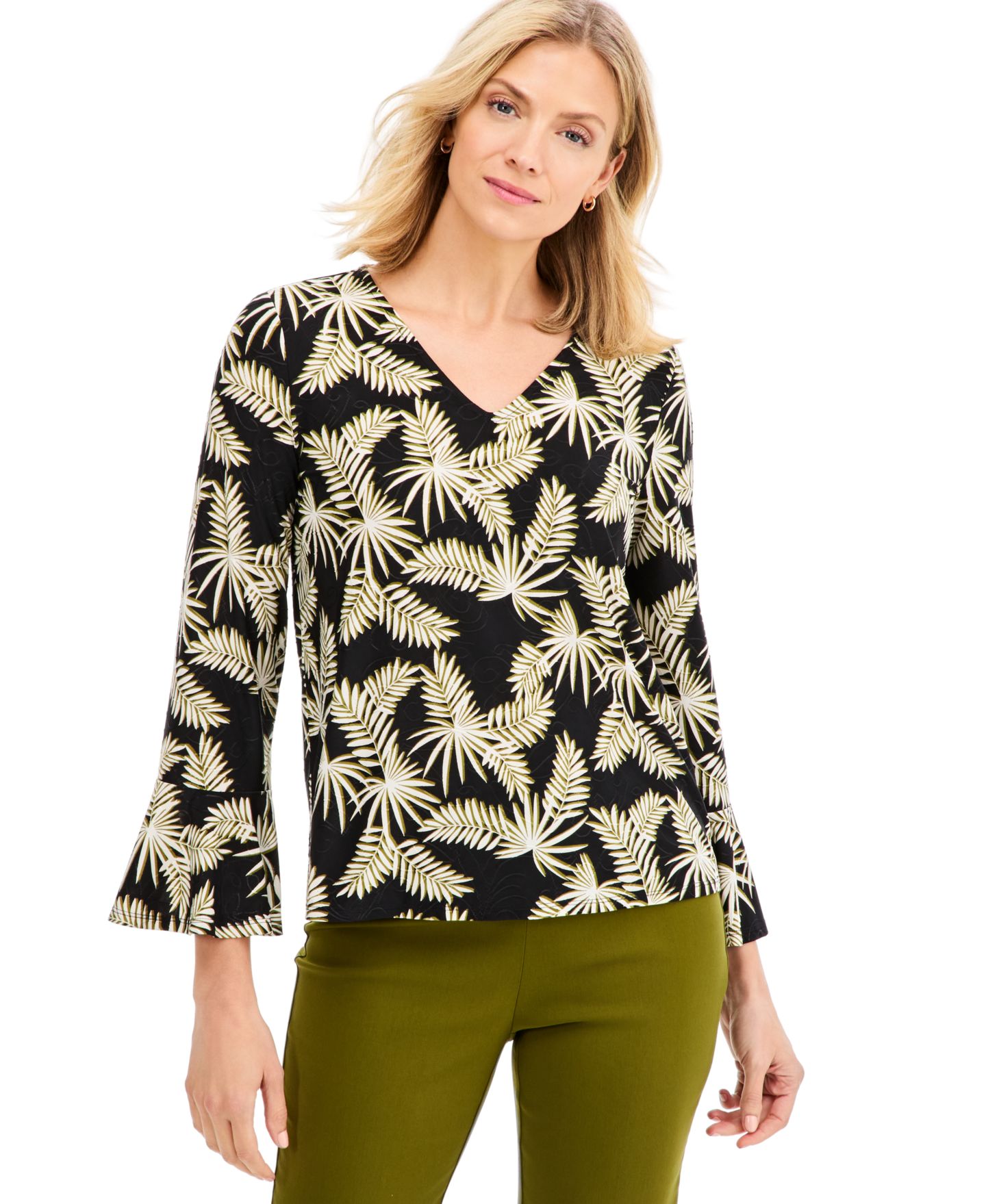 Женская футболка JM Collection Petite Leaf Flounce 3/4-Sleeve V-Neck, цвет: Глубокий чёрный — фото 1